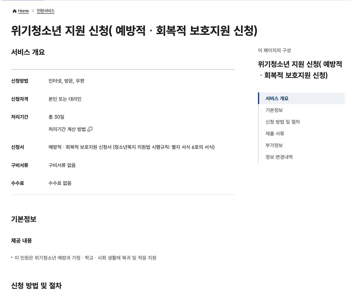 정부24 위기청소년 보호지원 신청방법과 처리기간, 수수료 안내