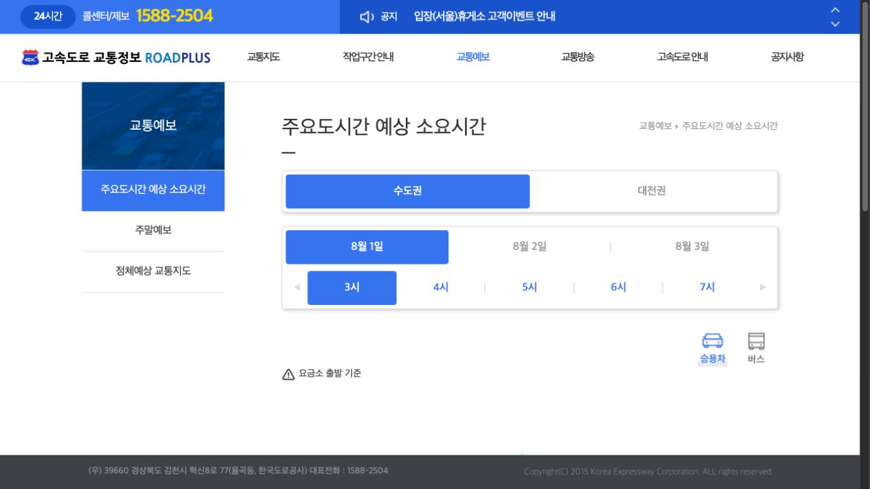 ROAD PLUS 주요 도시 간 예상 소요시간 선택 화면